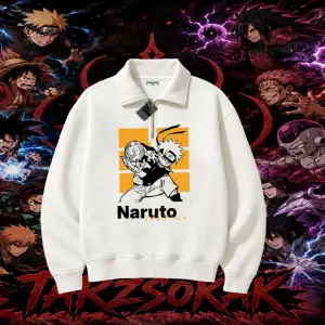 Naruto Uzumaki Premium Anime Unisex Polo Yaka Yarım Fermuarlı Sweatshirt Beyaz