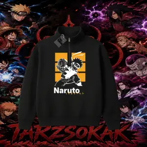 Naruto Uzumaki Premium Anime Unisex Polo Yaka Yarım Fermuarlı Sweatshirt Beyaz