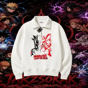 Naruto Uzumaki Premium Anime Unisex Polo Yaka Yarım Fermuarlı Sweatshirt Beyaz
