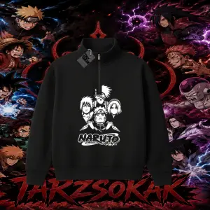 Naruto Uzumaki Premium Anime Unisex Polo Yaka Yarım Fermuarlı Sweatshirt Beyaz