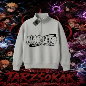 Naruto Uzumaki Premium Anime Unisex Polo Yaka Yarım Fermuarlı Sweatshirt Beyaz