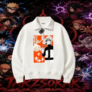 Naruto Uzumaki Premium Anime Unisex Polo Yaka Yarım Fermuarlı Sweatshirt Beyaz