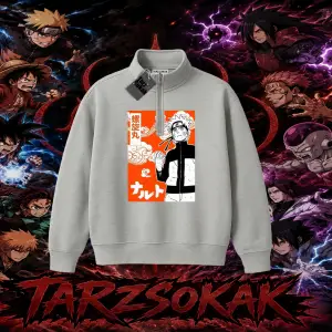 Naruto Uzumaki Premium Anime Unisex Polo Yaka Yarım Fermuarlı Sweatshirt Beyaz
