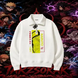 Naruto Uzumaki Premium Anime Unisex Polo Yaka Yarım Fermuarlı Sweatshirt Beyaz