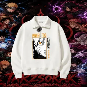 Naruto Uzumaki Premium Anime Unisex Polo Yaka Yarım Fermuarlı Sweatshirt Beyaz