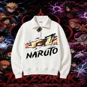 Naruto Uzumaki Premium Anime Unisex Polo Yaka Yarım Fermuarlı Sweatshirt Beyaz