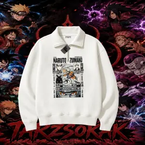 Naruto Uzumaki Premium Anime Unisex Polo Yaka Yarım Fermuarlı Sweatshirt Beyaz