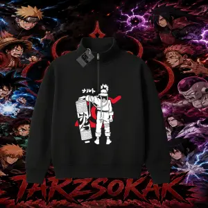 Naruto Uzumaki Premium Anime Unisex Polo Yaka Yarım Fermuarlı Sweatshirt Beyaz
