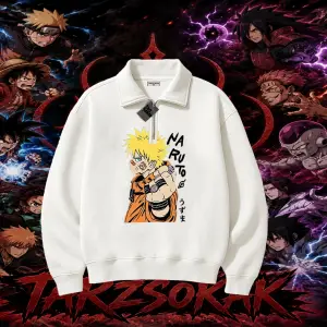 Naruto Uzumaki Premium Anime Unisex Polo Yaka Yarım Fermuarlı Sweatshirt Beyaz