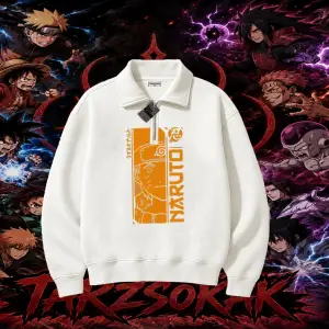 Naruto Uzumaki Premium Anime Unisex Polo Yaka Yarım Fermuarlı Sweatshirt Beyaz