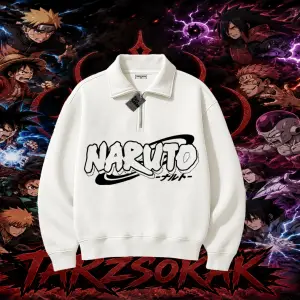 Naruto Uzumaki Premium Anime Unisex Polo Yaka Yarım Fermuarlı Sweatshirt Beyaz