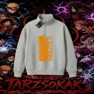 Naruto Uzumaki Premium Anime Unisex Polo Yaka Yarım Fermuarlı Sweatshirt Beyaz