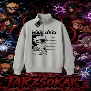 Naruto Uzumaki Premium Anime Unisex Polo Yaka Yarım Fermuarlı Sweatshirt Beyaz