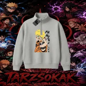 Naruto Uzumaki Premium Anime Unisex Polo Yaka Yarım Fermuarlı Sweatshirt Beyaz