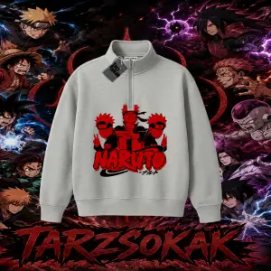 Naruto Uzumaki Premium Anime Unisex Polo Yaka Yarım Fermuarlı Sweatshirt Beyaz