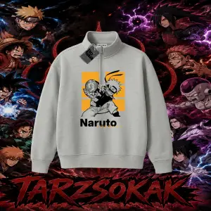 Naruto Uzumaki Premium Anime Unisex Polo Yaka Yarım Fermuarlı Sweatshirt Beyaz