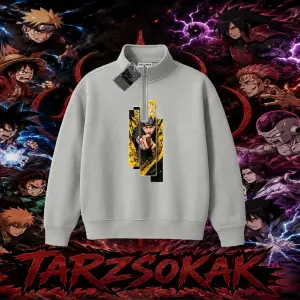 Naruto Uzumaki Premium Anime Unisex Polo Yaka Yarım Fermuarlı Sweatshirt Beyaz