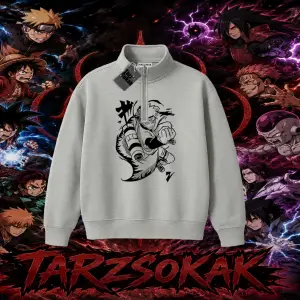 Naruto Uzumaki Premium Anime Unisex Polo Yaka Yarım Fermuarlı Sweatshirt Beyaz