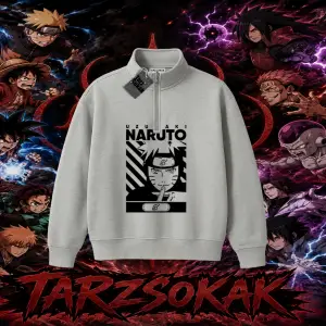 Naruto Uzumaki Premium Anime Unisex Polo Yaka Yarım Fermuarlı Sweatshirt Beyaz