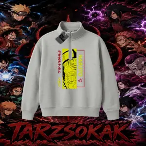 Naruto Uzumaki Premium Anime Unisex Polo Yaka Yarım Fermuarlı Sweatshirt Beyaz