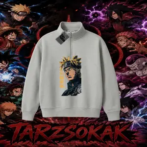 Naruto Uzumaki Premium Anime Unisex Polo Yaka Yarım Fermuarlı Sweatshirt Beyaz