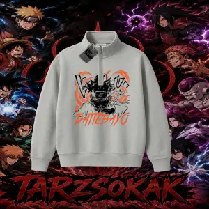 Naruto Uzumaki Premium Anime Unisex Polo Yaka Yarım Fermuarlı Sweatshirt Beyaz