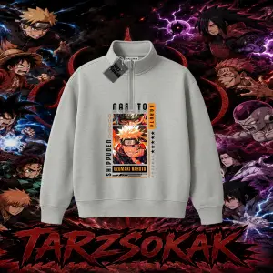 Naruto Uzumaki Premium Anime Unisex Polo Yaka Yarım Fermuarlı Sweatshirt Beyaz