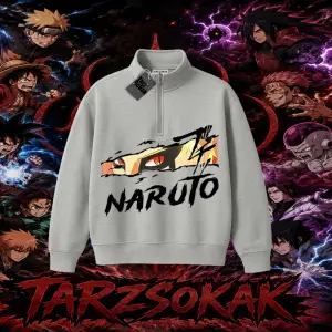Naruto Uzumaki Premium Anime Unisex Polo Yaka Yarım Fermuarlı Sweatshirt Beyaz