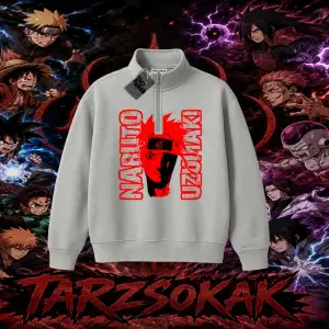 Naruto Uzumaki Premium Anime Unisex Polo Yaka Yarım Fermuarlı Sweatshirt Beyaz