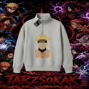 Naruto Uzumaki Premium Anime Unisex Polo Yaka Yarım Fermuarlı Sweatshirt Beyaz
