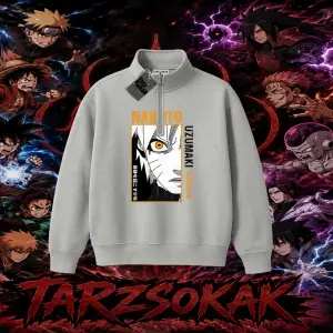 Naruto Uzumaki Premium Anime Unisex Polo Yaka Yarım Fermuarlı Sweatshirt Beyaz