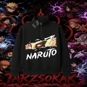 Naruto Uzumaki Premium Anime Unisex Polo Yaka Yarım Fermuarlı Sweatshirt Beyaz