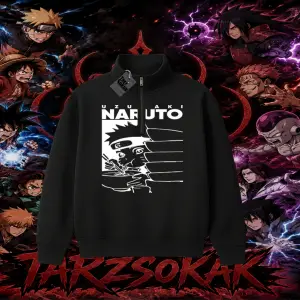 Naruto Uzumaki Premium Anime Unisex Polo Yaka Yarım Fermuarlı Sweatshirt Beyaz