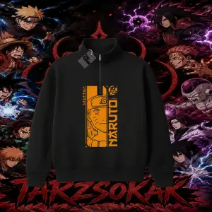Naruto Uzumaki Premium Anime Unisex Polo Yaka Yarım Fermuarlı Sweatshirt Beyaz