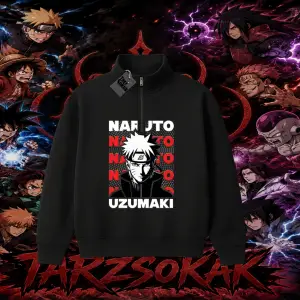 Naruto Uzumaki Premium Anime Unisex Polo Yaka Yarım Fermuarlı Sweatshirt Beyaz