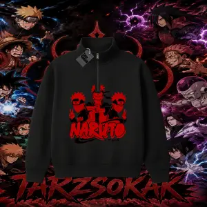 Naruto Uzumaki Premium Anime Unisex Polo Yaka Yarım Fermuarlı Sweatshirt Beyaz