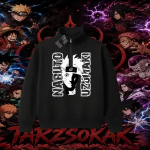 Naruto Uzumaki Premium Anime Unisex Polo Yaka Yarım Fermuarlı Sweatshirt Beyaz