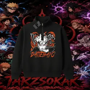 Naruto Uzumaki Premium Anime Unisex Polo Yaka Yarım Fermuarlı Sweatshirt Beyaz