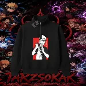 Naruto Uzumaki Premium Anime Unisex Polo Yaka Yarım Fermuarlı Sweatshirt Beyaz