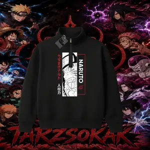 Naruto Uzumaki Premium Anime Unisex Polo Yaka Yarım Fermuarlı Sweatshirt Beyaz