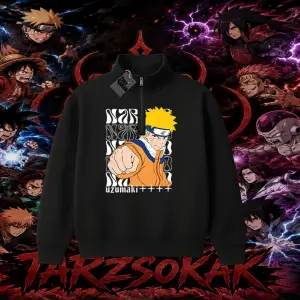 Naruto Uzumaki Premium Anime Unisex Polo Yaka Yarım Fermuarlı Sweatshirt Beyaz