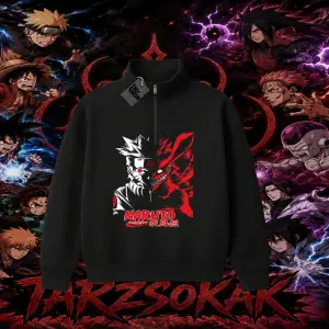 Naruto Uzumaki Premium Anime Unisex Polo Yaka Yarım Fermuarlı Sweatshirt Beyaz