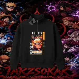 Naruto Uzumaki Premium Anime Unisex Polo Yaka Yarım Fermuarlı Sweatshirt Beyaz