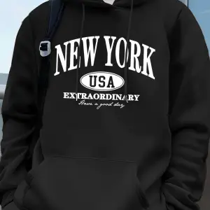 New York ABD Kelimeler Baskılı Erkek Sweatshirtleri Kışlık Oversize Kapüşonlu Üstler Spor Cep
