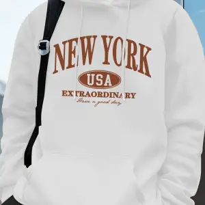 New York ABD Kelimeler Baskılı Erkek Sweatshirtleri Kışlık Oversize Kapüşonlu Üstler Spor Cep