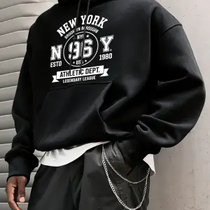 New York Brooklyn Boroughn Baskı Erkekler Sonbahar Polar Kapüşonlular Gevşek Yumuşak Uzun Kol