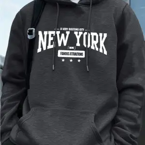 New York Bustling City Baskılı Erkek Tişörtü Kışlık Oversize Kapüşonlu Üst Spor Cepli Polar S
