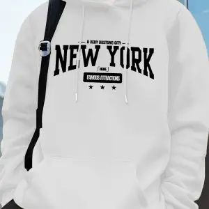 New York Bustling City Baskılı Erkek Tişörtü Kışlık Oversize Kapüşonlu Üst Spor Cepli Polar S