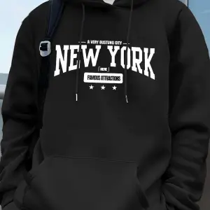 New York Bustling City Baskılı Erkek Tişörtü Kışlık Oversize Kapüşonlu Üst Spor Cepli Polar S