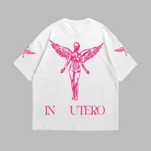 Nirvana In Utero Pembe Baskılı Oversize Unisex Beyaz